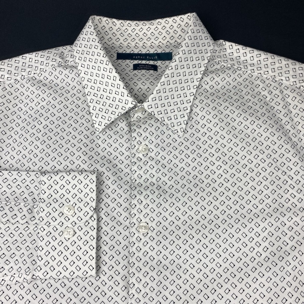 Perry Ellis Dress Shirt Men's XL White w/Black Diamond Print Slim Fit Stretch